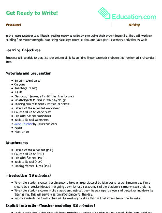 Finding free printable worksheets is an excellent way for teachers and homeschooling parents to save on their budgets. Get Ready To Write Lesson Plan Education Com