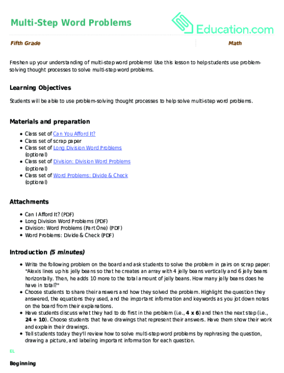 All students must learn to restate questions to survive their english language arts classes. Multi Step Word Problems Lesson Plan Education Com