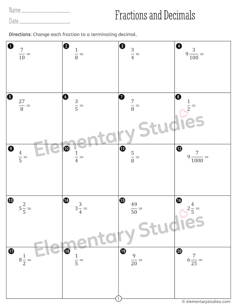 Terminating and repeating decimals worksheets