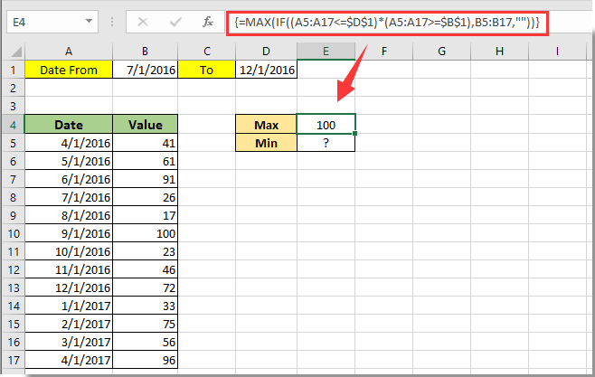 To get the min value based on these criteria, please apply this formula: How To Find Max Or Min Value In A Certain Date Range Between Two Dates In Excel