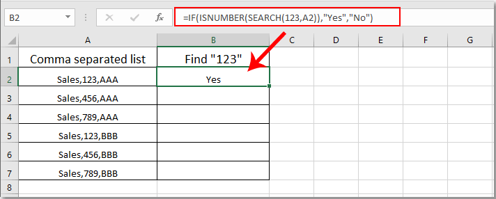 Bagaimana menemukan nilai dalam sel dengan daftar yang dipisahkan koma di  Excel?