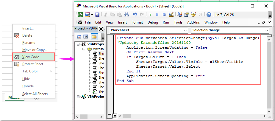 how to follow hyperlink to hidden sheet in excel
