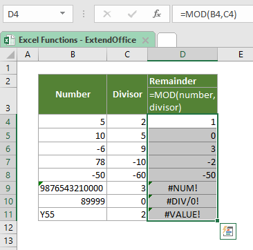 Funzione MOD di Excel