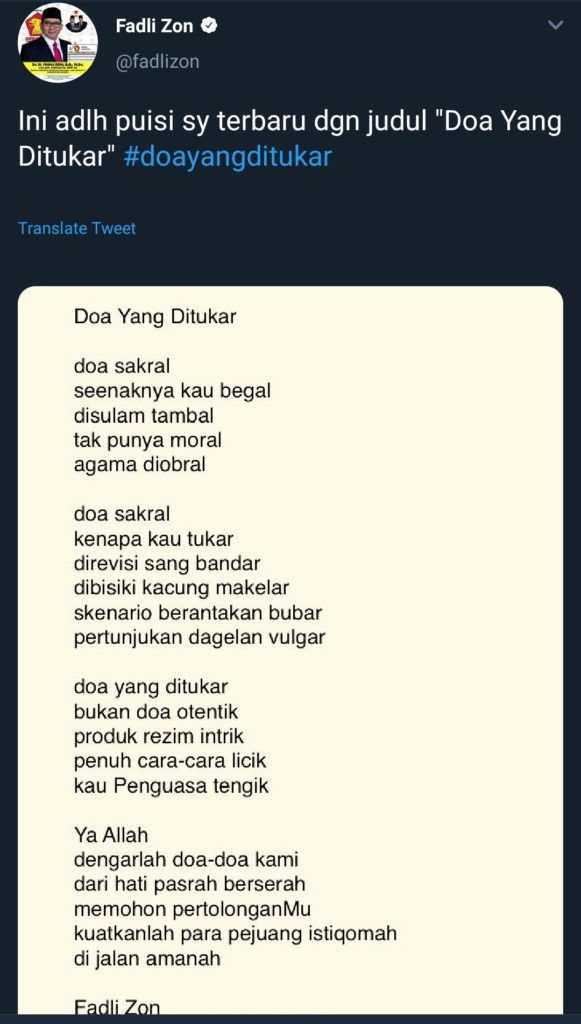 Fadli Zon yang Mendadak Pujangga Kini Dituntut Remaja Karena Salah Satu  Puisinya!