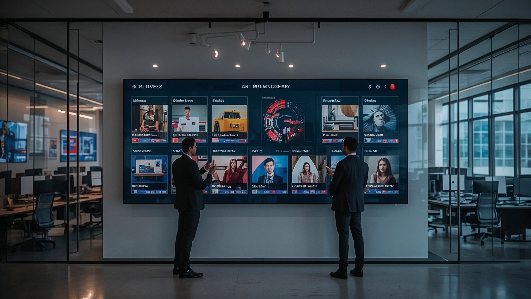 Modern agency workspace with two professionals and AI-powered content dashboard in real office setting