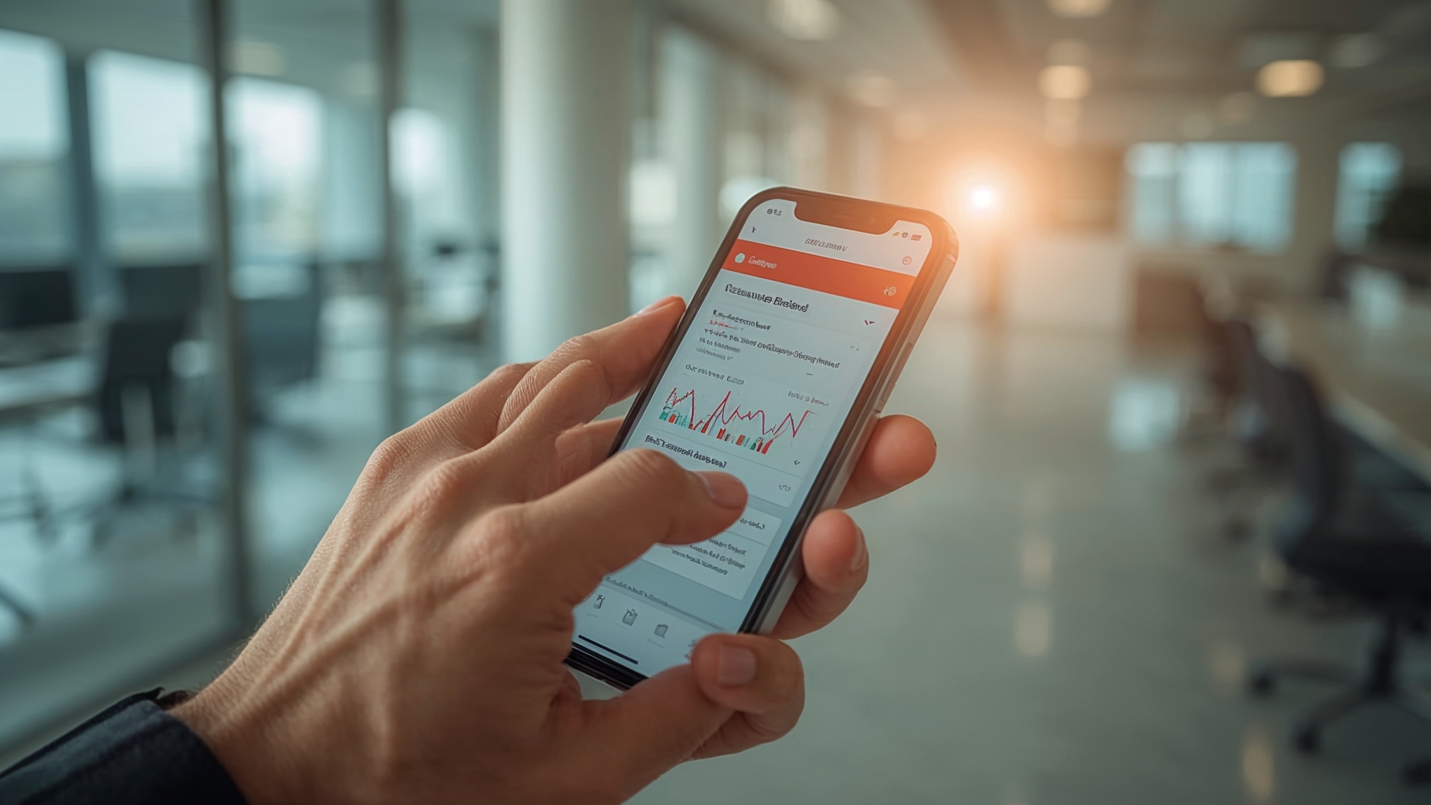 A hand holding a smartphone accessing AI-powered CRM analytics and notifications in a bright office setting.