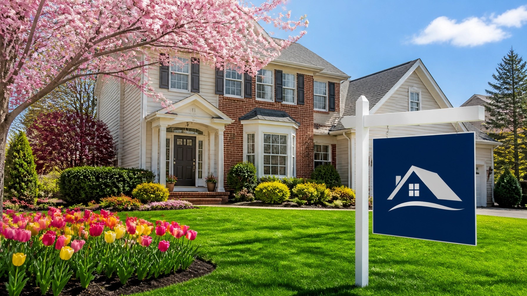 A front yard of a Maryland suburban home in mid-April with cherry blossoms and tulips in bloom and a 'For Sale' sign in the lush green lawn.