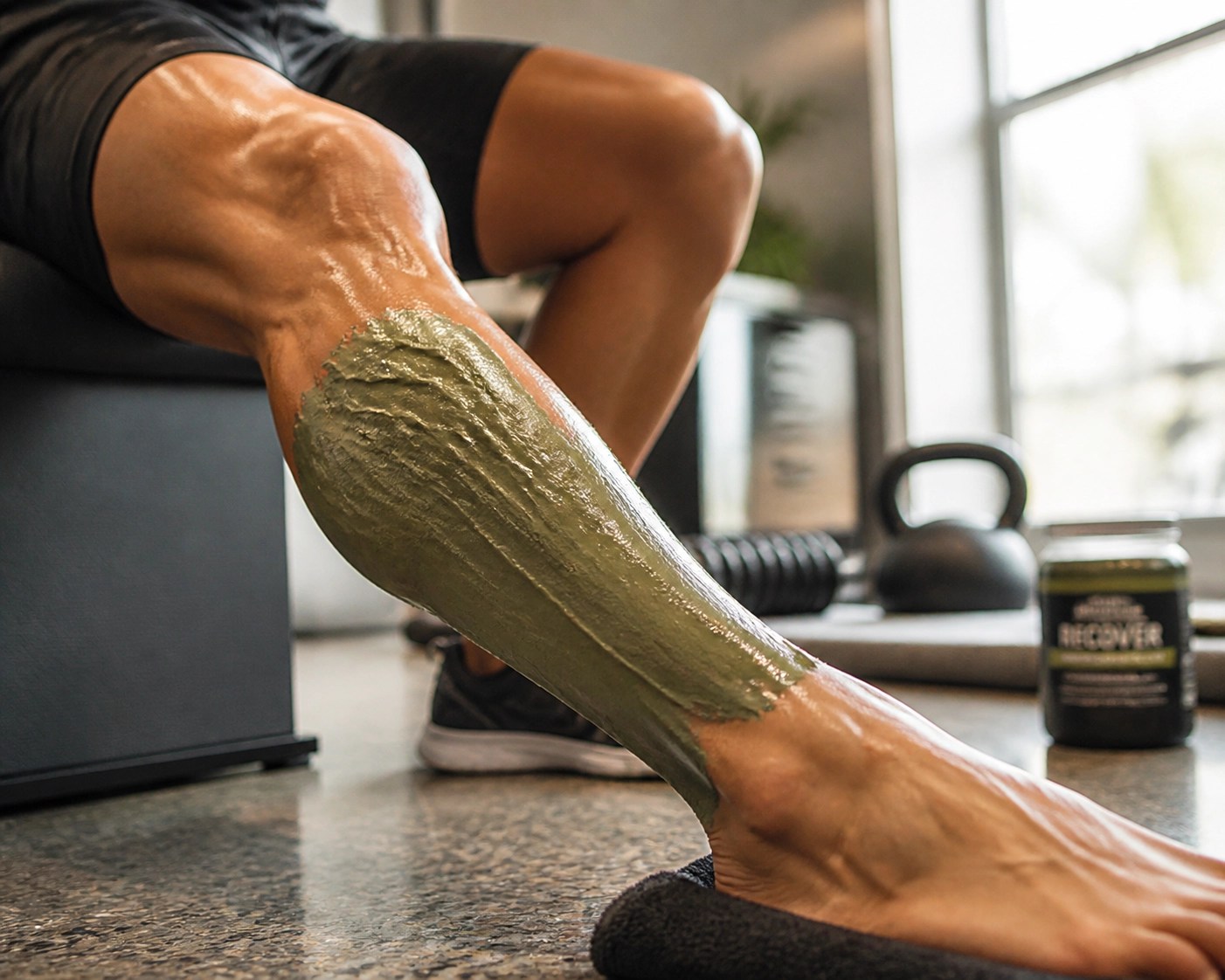 Topical green clay application on an athlete's calf for sports recovery and muscle inflammation relief.