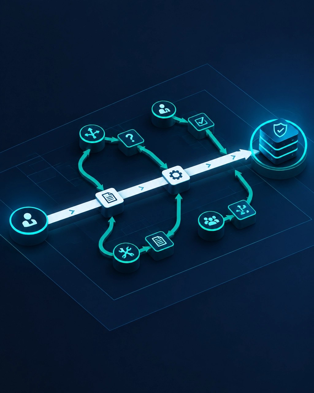Blueprint-style workflow with a straight happy path and controlled exception routes