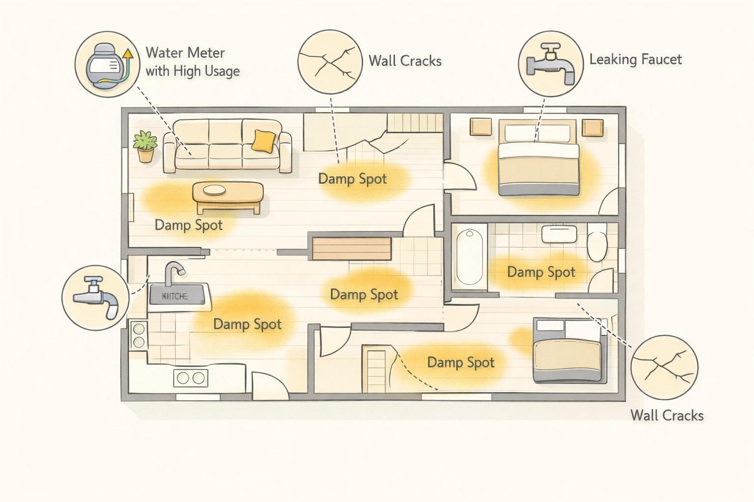 Common slab leak warning signs in DFW homes including damp spots and foundation cracks