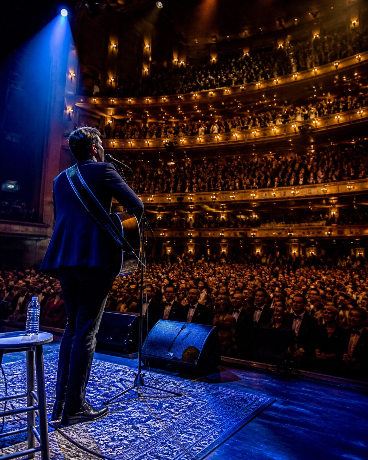 A live performance on the grand stage of the Byers Theatre, featuring a singer-songwriter under professional stage lighting.
