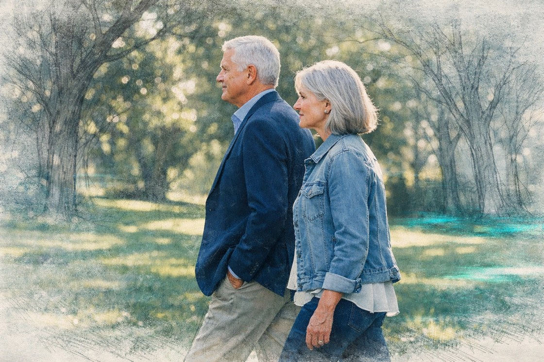 A serene retired couple enjoying a walk, reflecting the peace of mind from expert financial advice in Bolton.