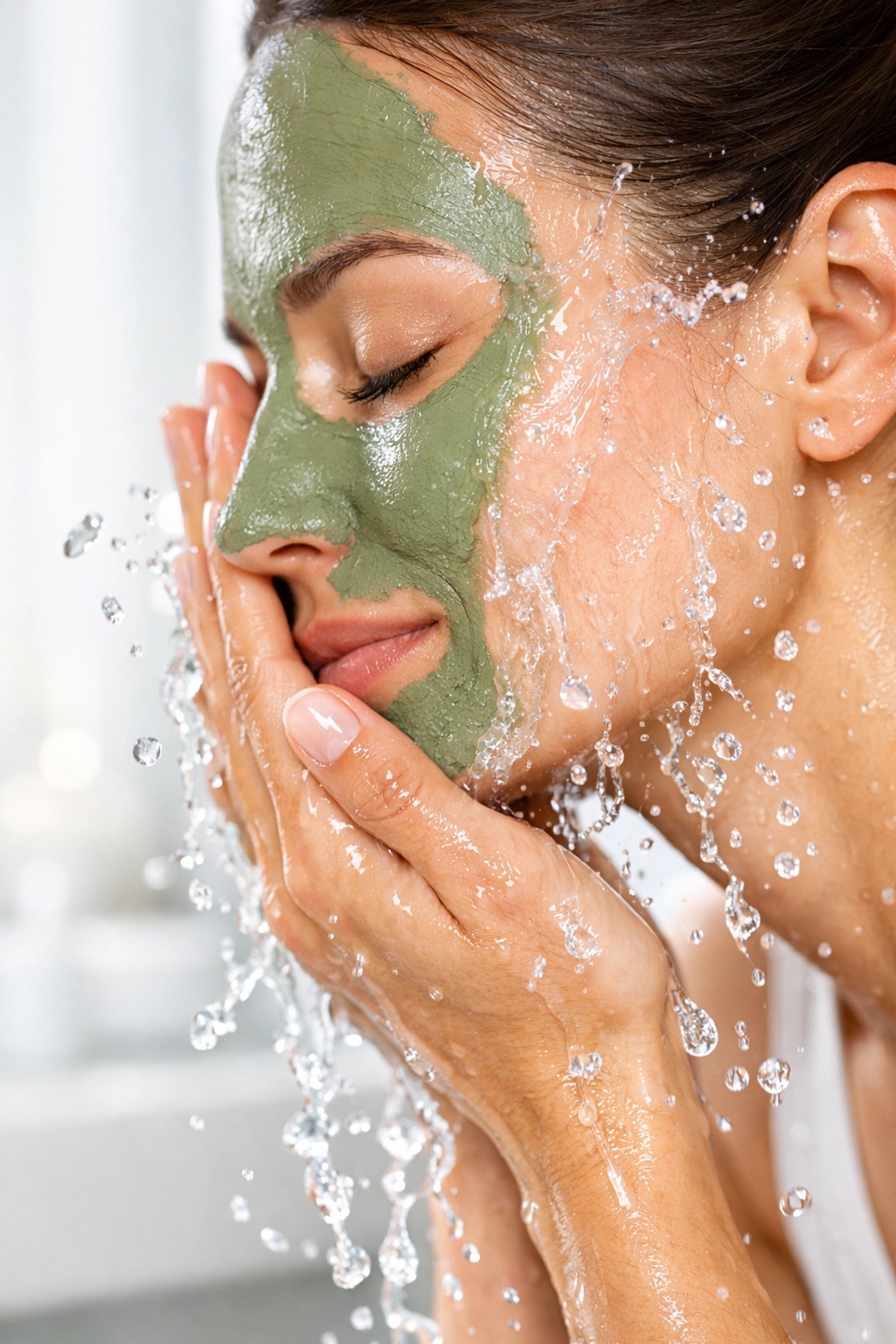 Refreshing water rinsing a green clay mask off acne-prone skin for a pure, deep pore detox.