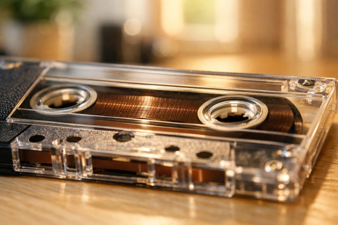 Close-up of a vintage audio cassette tape showing the fragile magnetic ribbon for digital transfer.