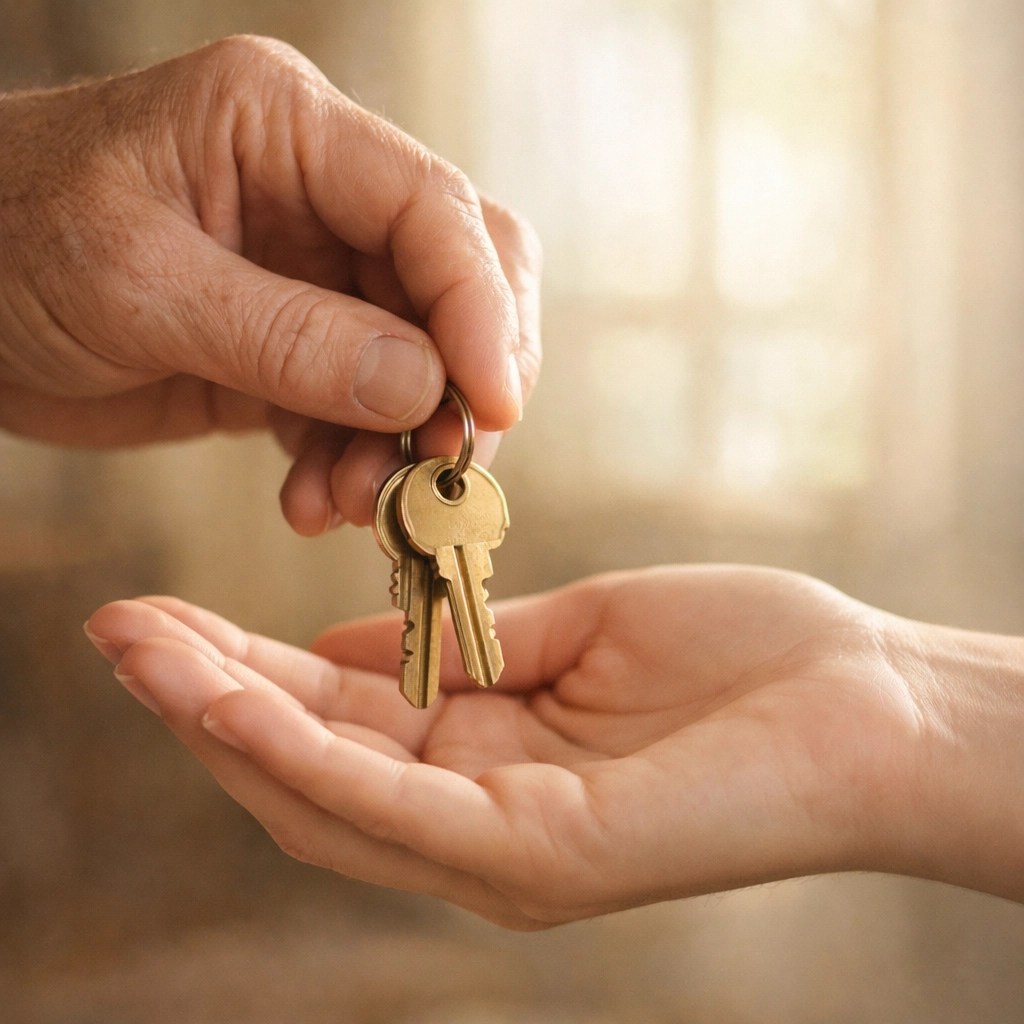 An older hand passing house keys to a younger person to avoid probate with a living trust.