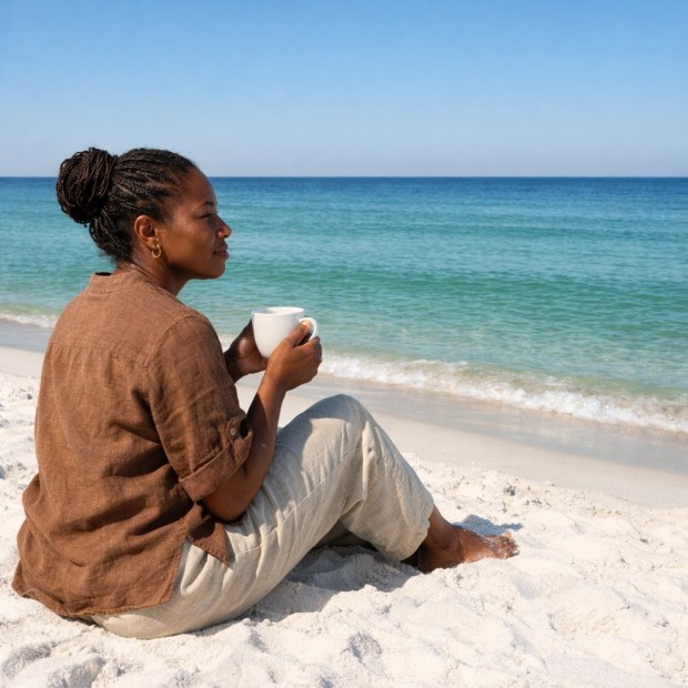 A serene shot of a traveler enjoying a coffee on the white sands of the Florida Gulf Coast.