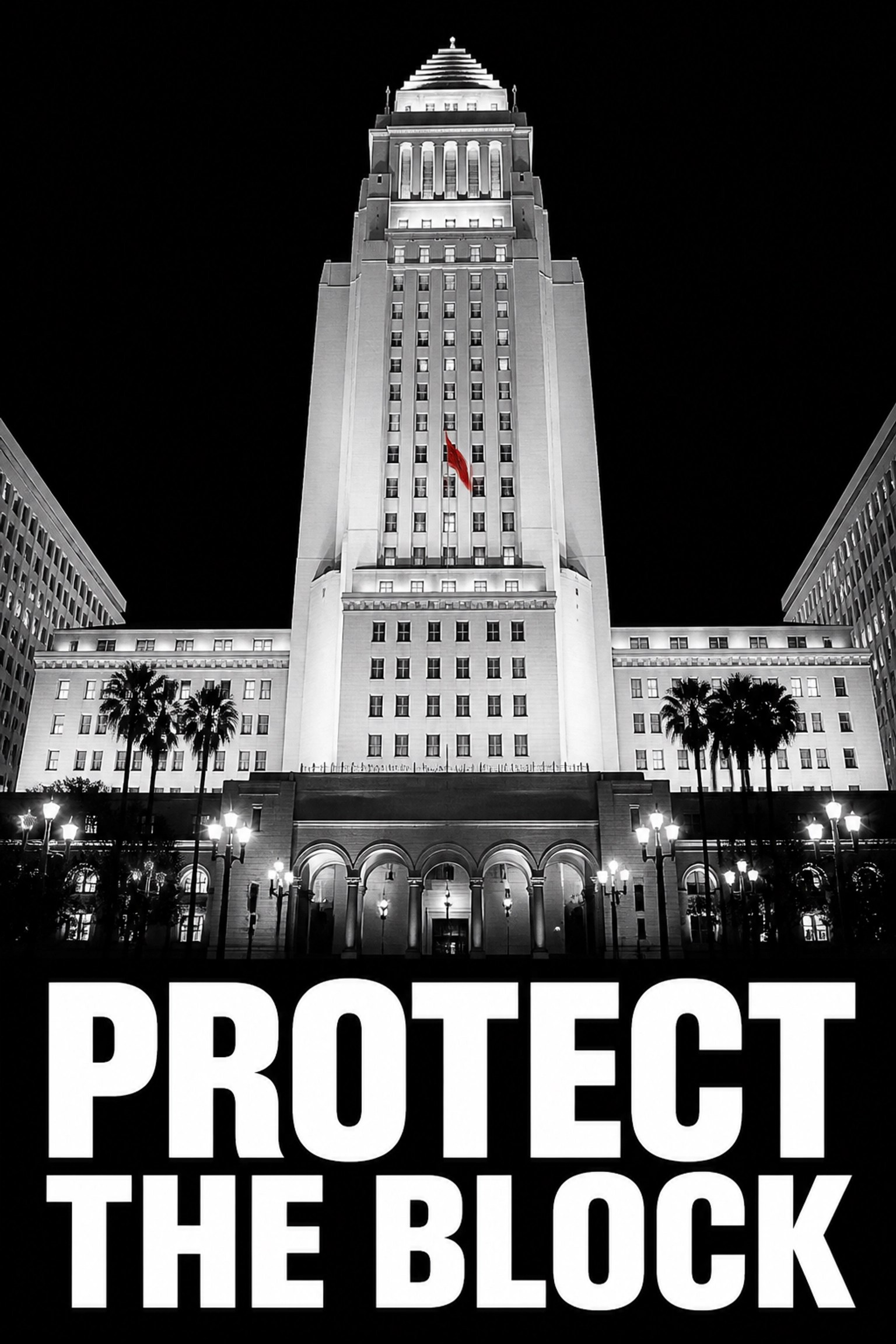 Stark view of Los Angeles City Hall representing housing rights and local political activism.