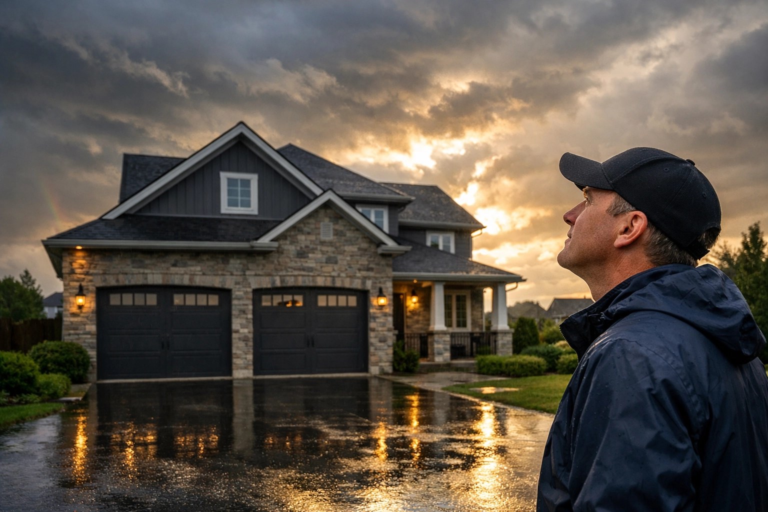 Homeowner inspecting roof damage in North Georgia after a storm to file an insurance claim.