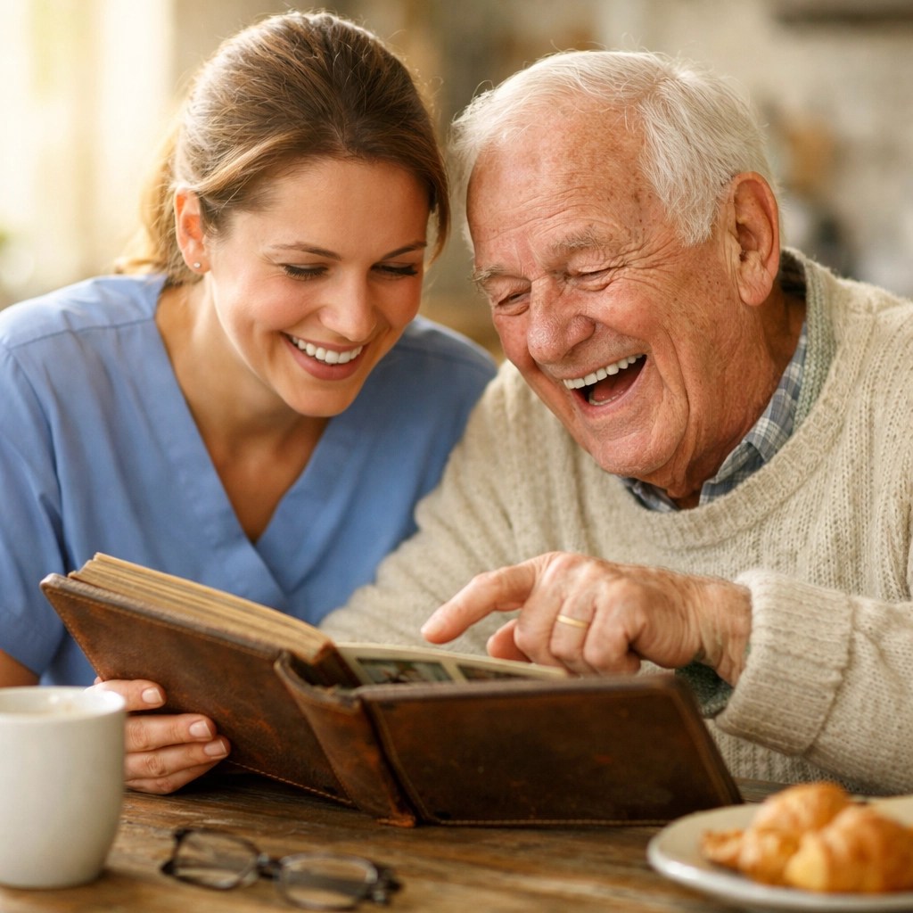 Caregiver and senior sharing a laugh over photos, a core part of home care agencies pittsburgh pa.