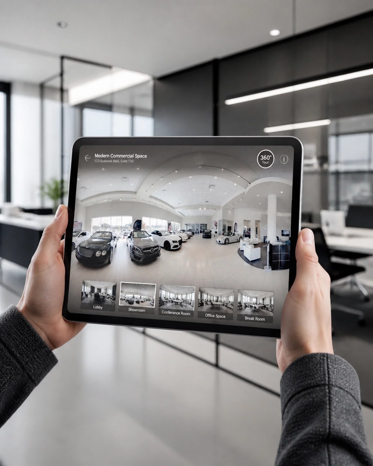 A professional tablet displaying a 360-degree virtual tour of a commercial space, held against a minimalist grayscale office background.
