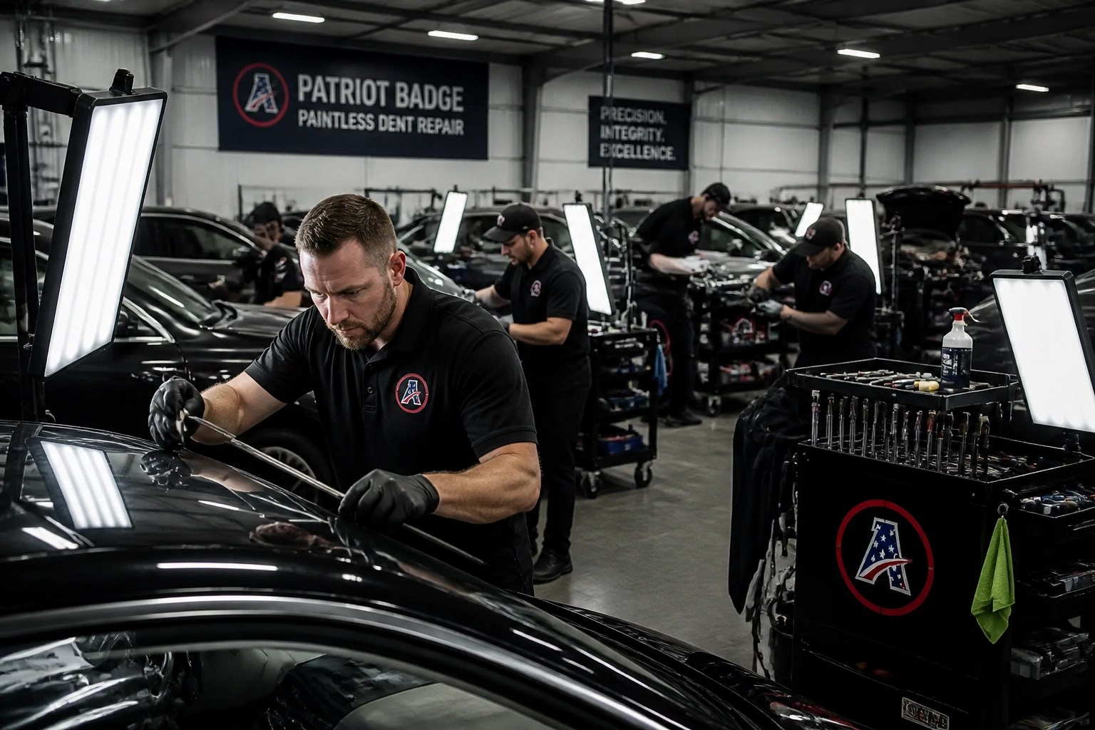 Amaryllis Patriot Badge on a technician tool chest in a professional PDR hail repair facility.