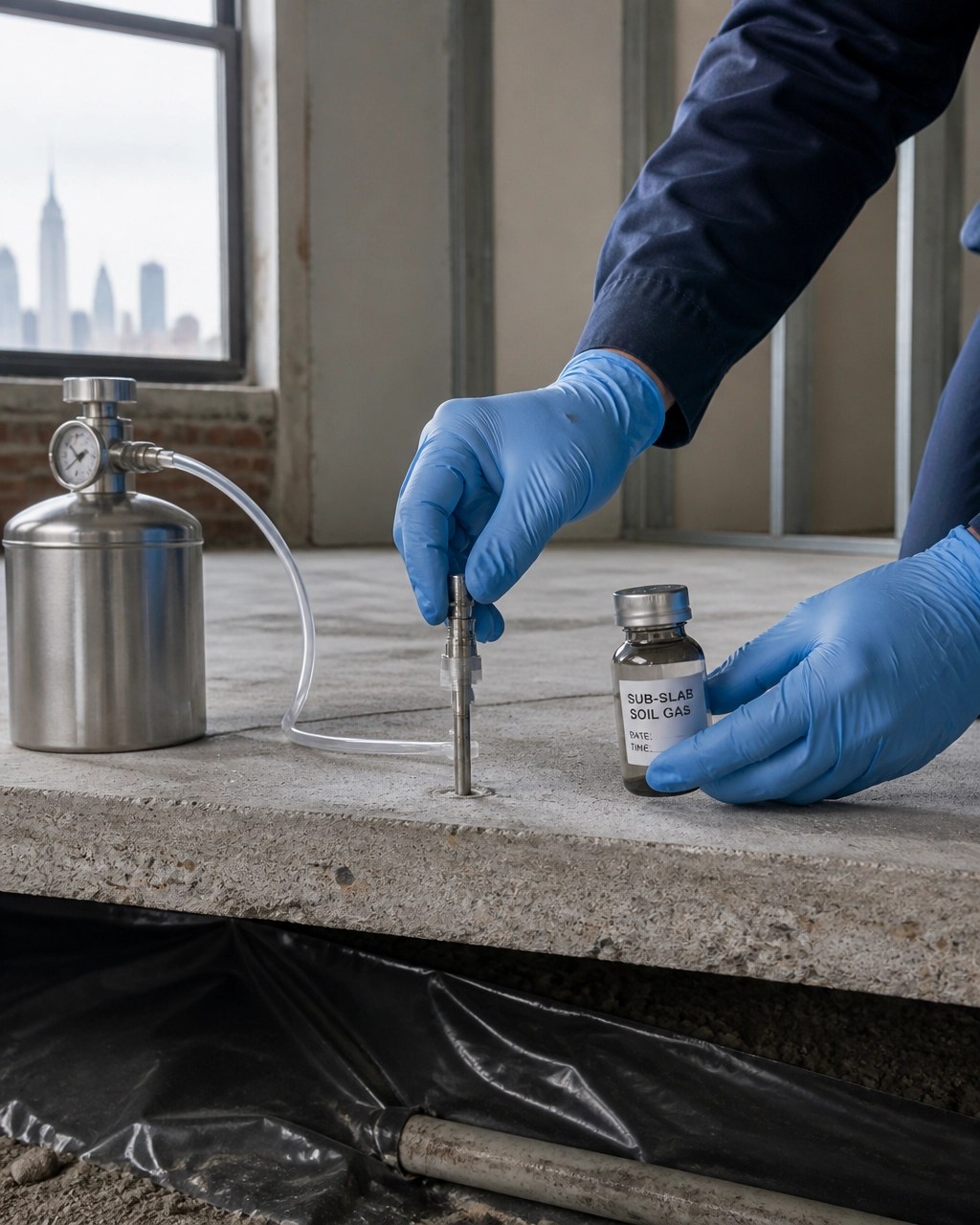 Environmental technician collecting a sub-slab soil gas sample and indoor air sample in an urban commercial building