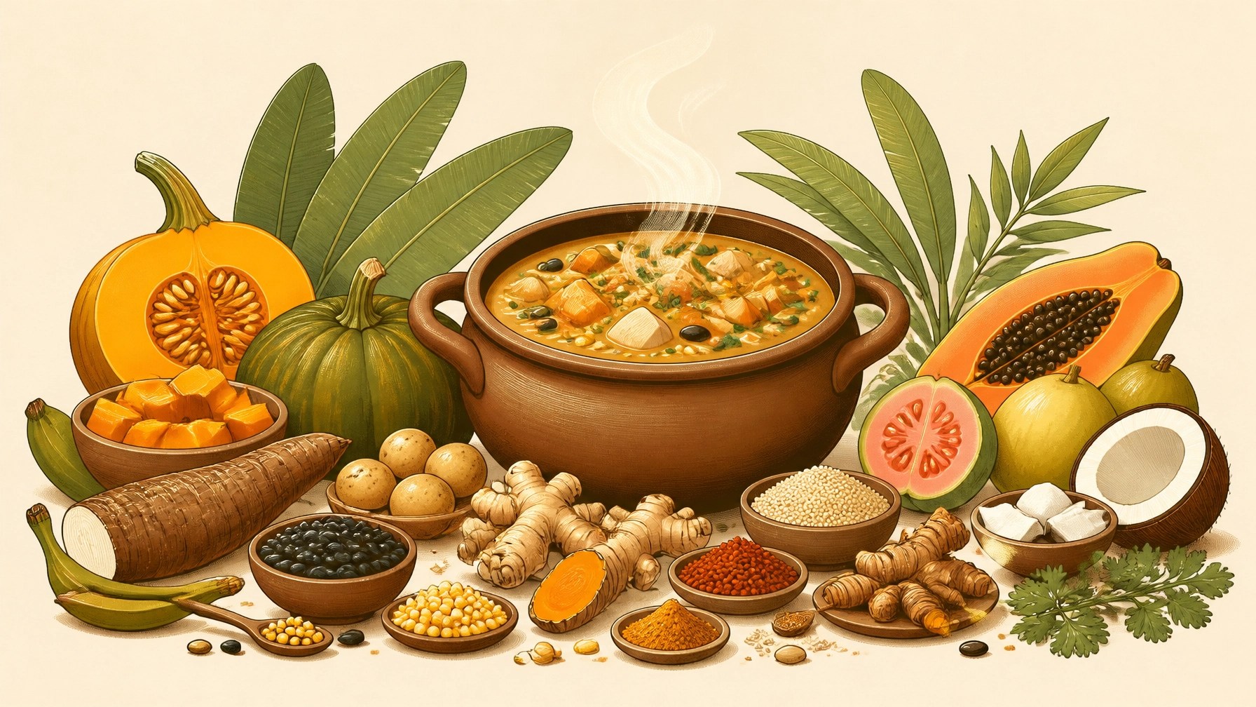 Ilustración de cocina colombiana consciente con ahuyama, papa criolla, yuca, plátano, frutas, granos y especias