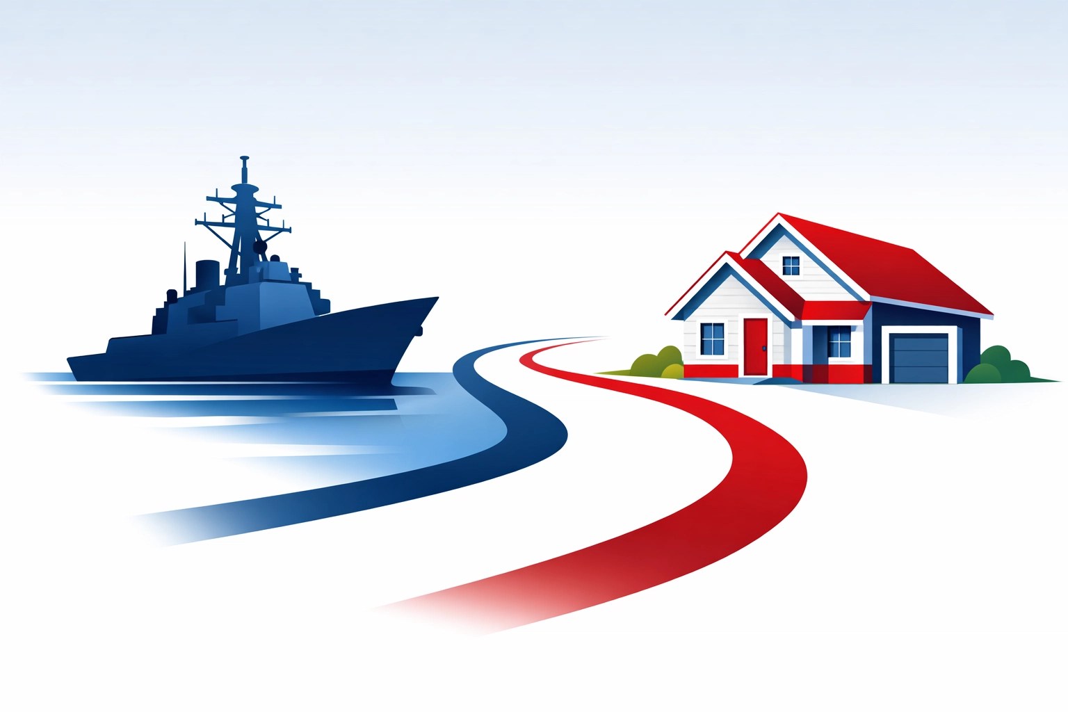Illustration of a Navy ship and a private home, symbolizing a sailor's transition to homeownership.