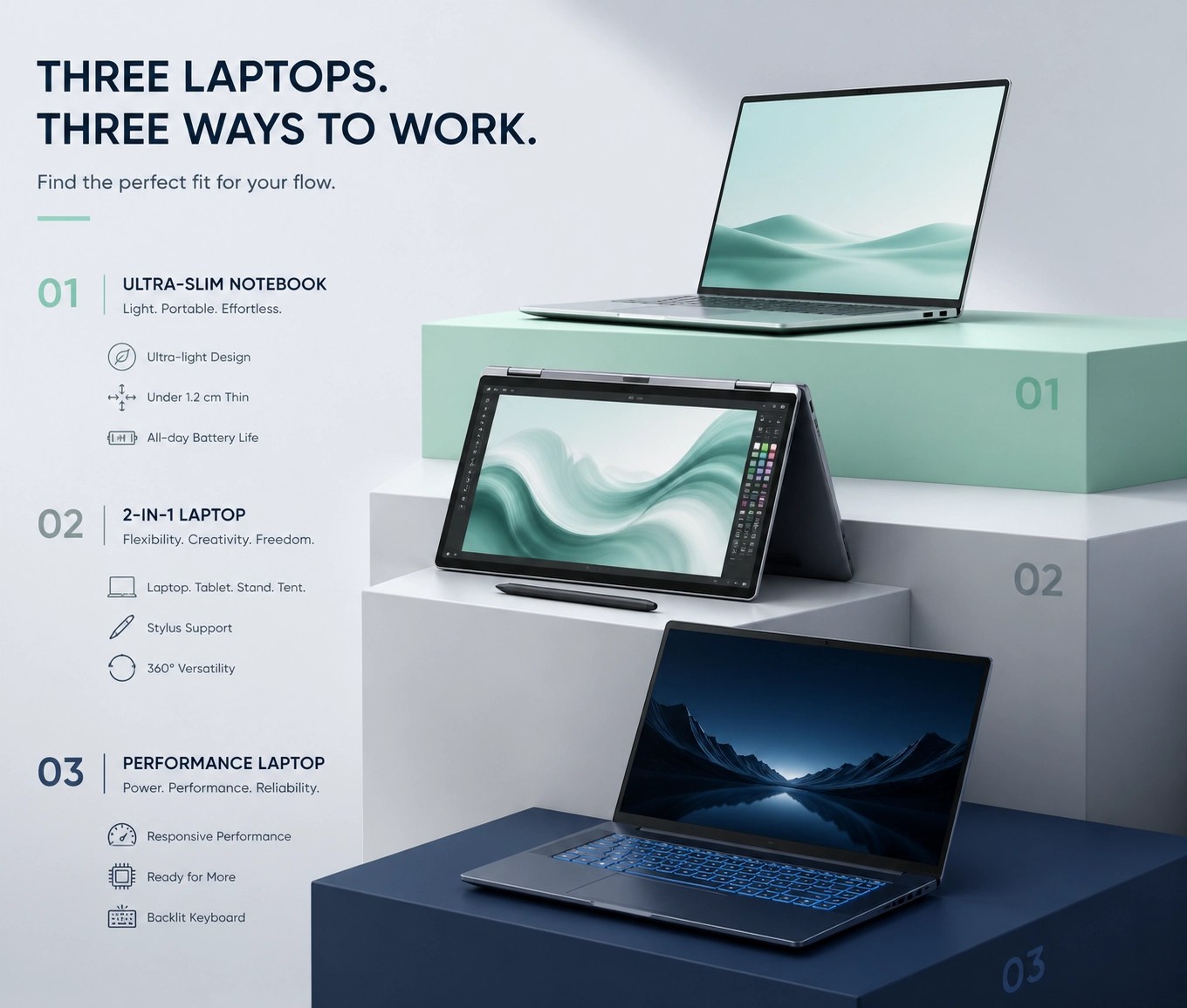 Comparison of three distinct laptop styles including ultraportables and 2-in-1 devices for professional use.