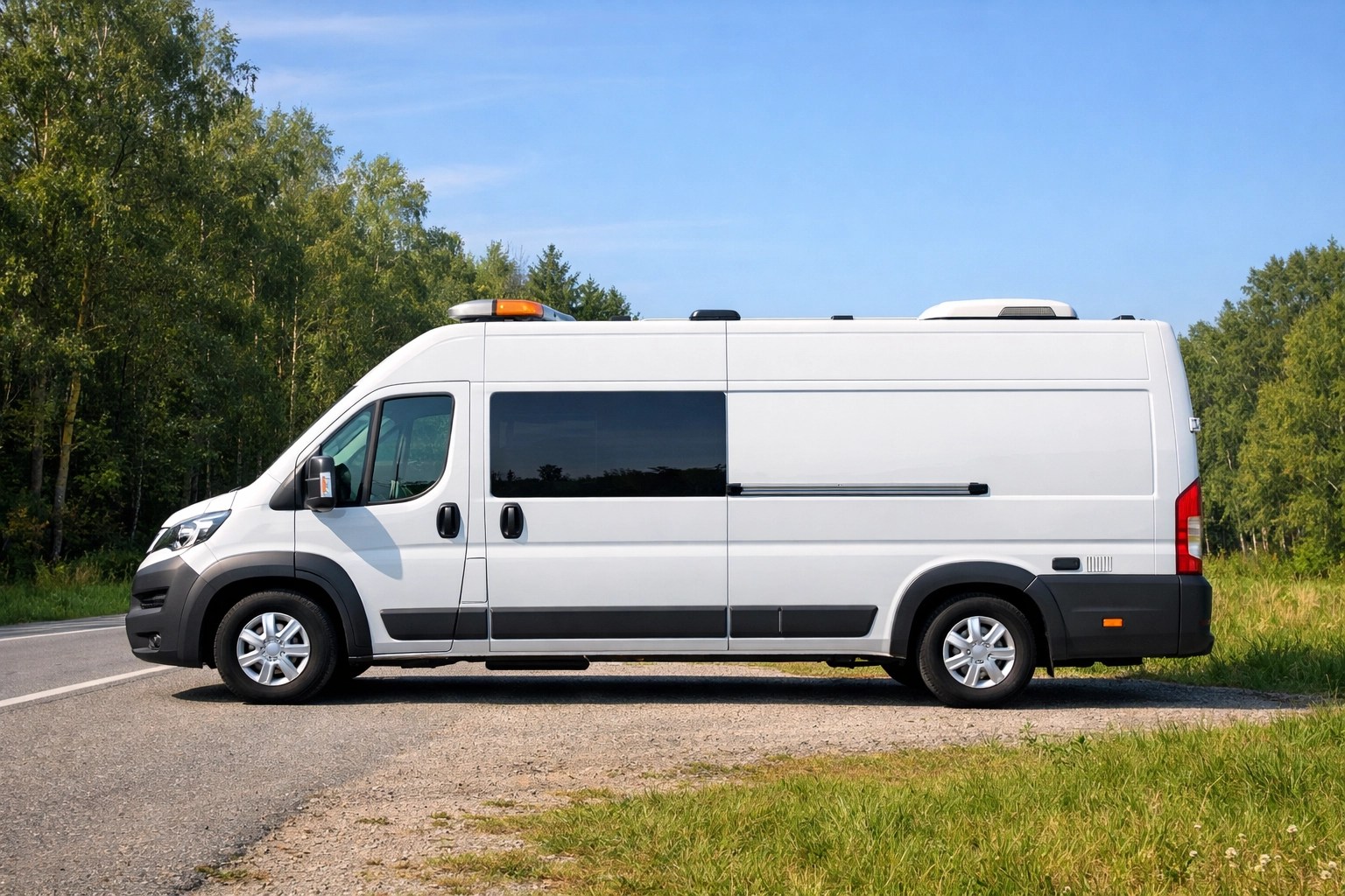 A reliable medical transport van parked on a rural road, providing essential healthcare access for patients.