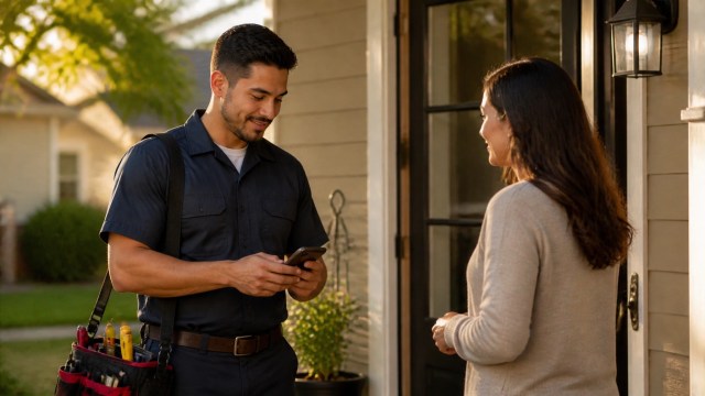 Home service technician checking an appointment schedule while speaking with a customer