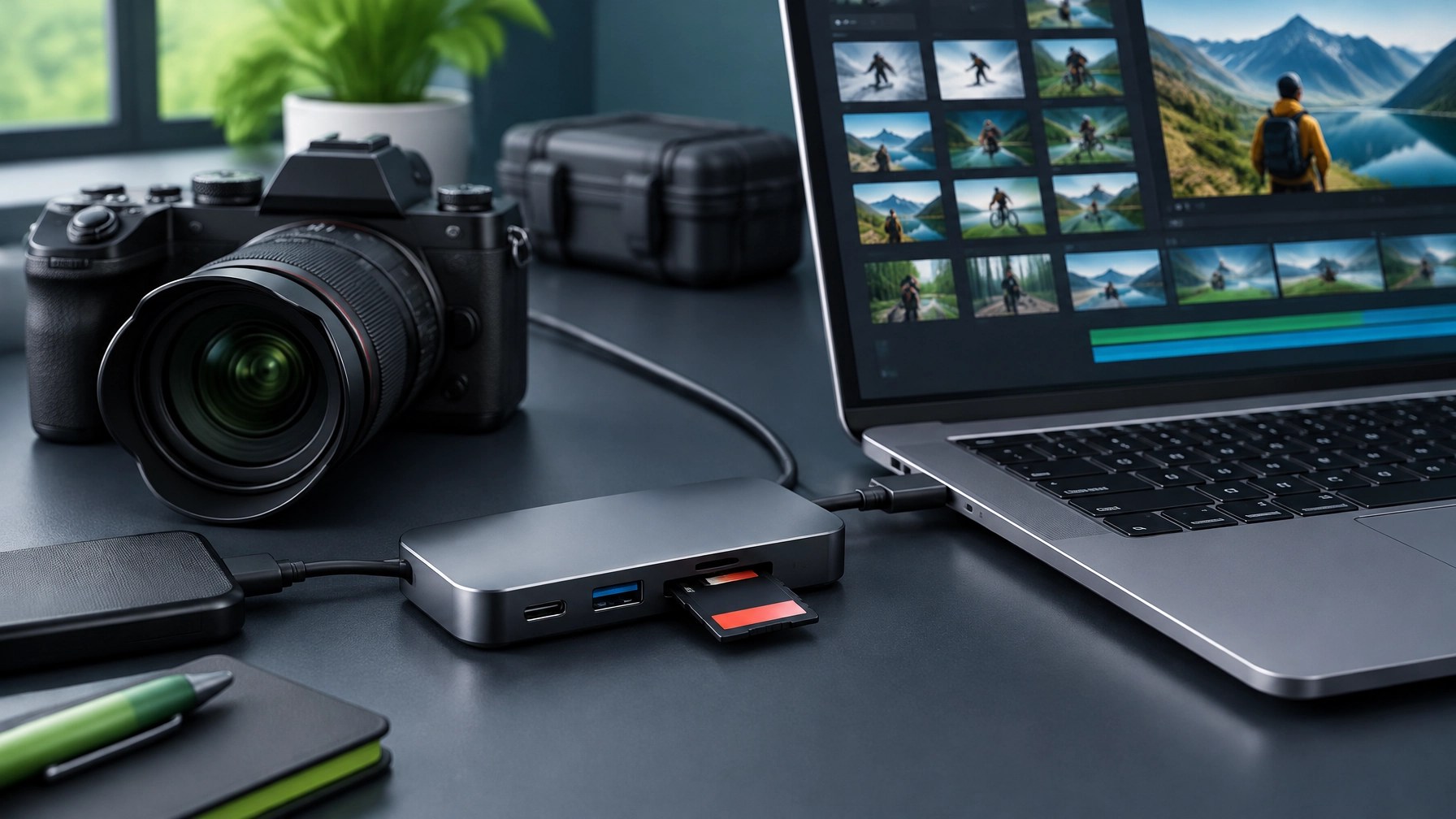 Creator's camera footage being transferred from an SD card through a compact USB-C hub to a laptop