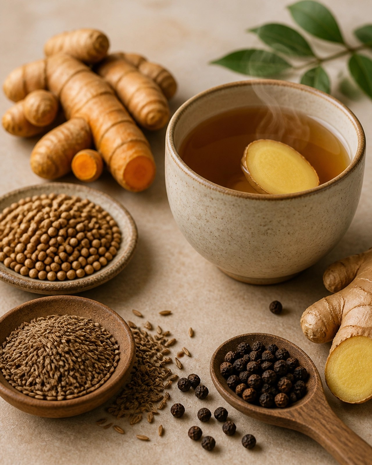 Close-up of Ayurvedic spices including turmeric, cumin, and coriander alongside a warm ginger tea