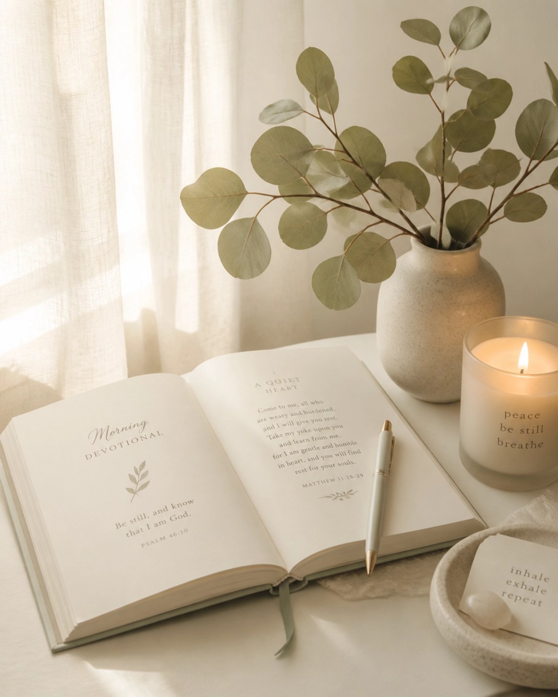A quiet corner with a devotional open, a sleek pen, a sprig of dried eucalyptus in misty sage, soft morning light filtering through linen curtains, marshmallow cream background, spiritual spa vibe.