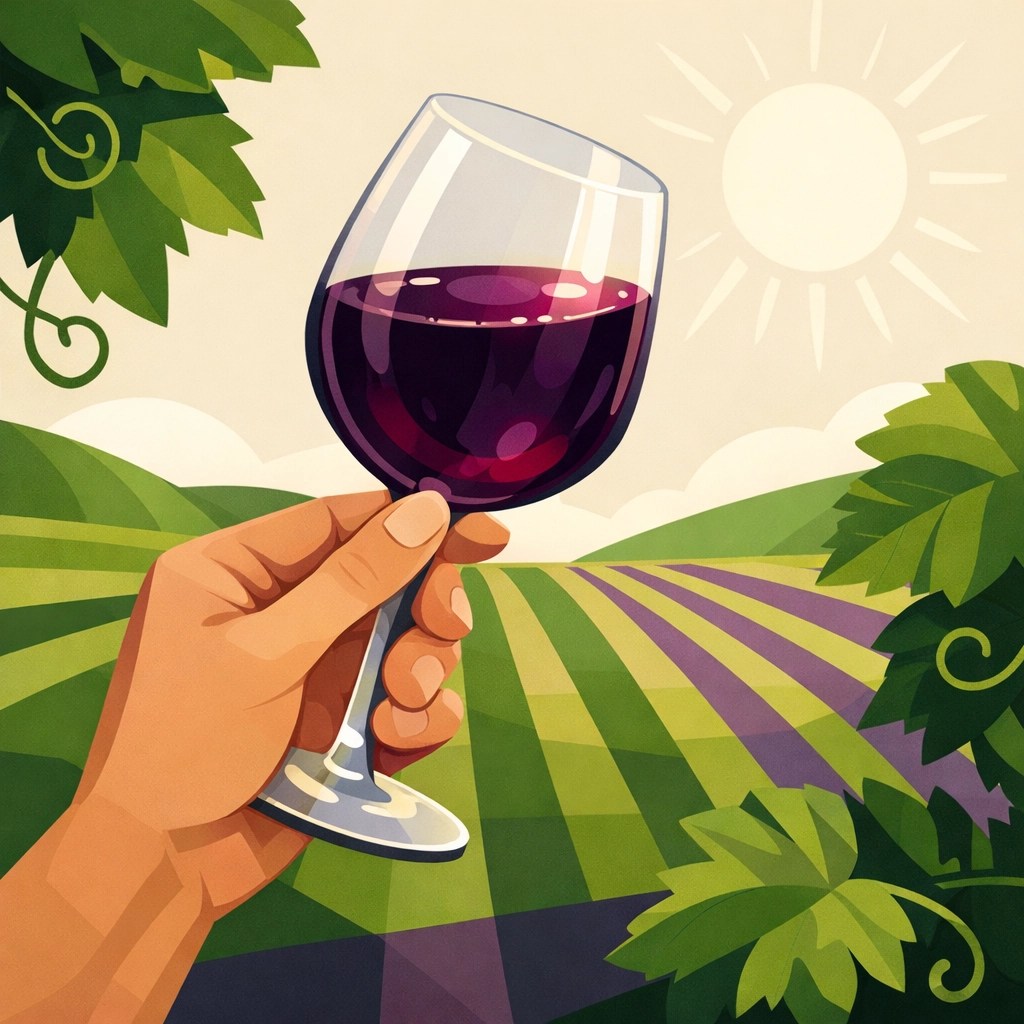 Close-up of a wine glass being examined during a professional vineyard tour.