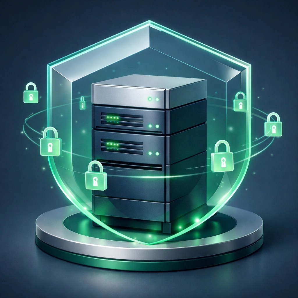 Secure computer server protected by a digital shield and locks for small business cybersecurity.