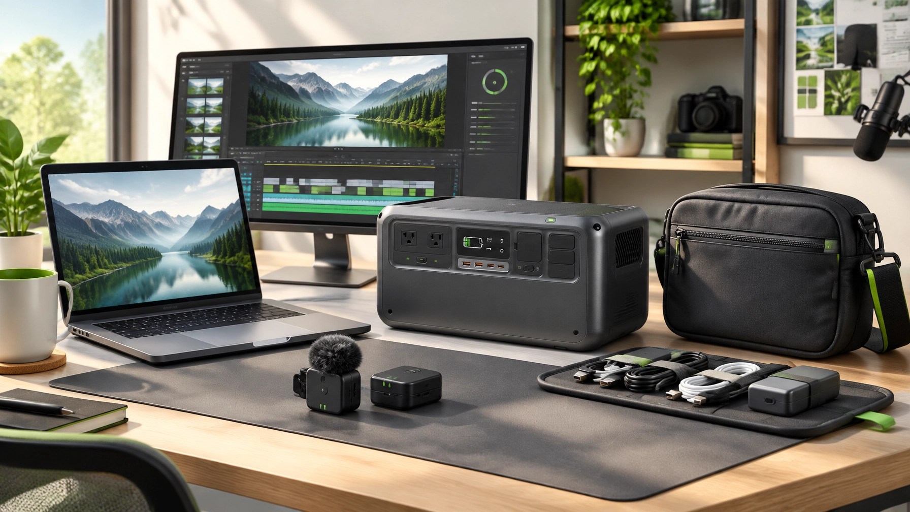 Modern home-office creator toolkit with microphone, portable power, laptop, and compact tech accessories