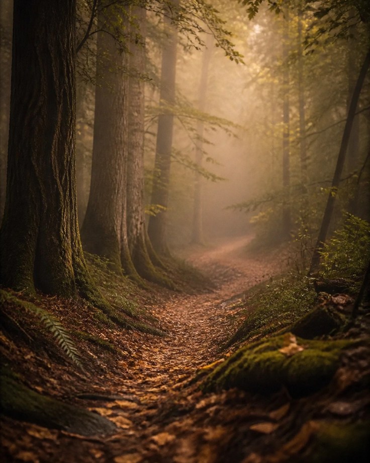 A misty forest path representing the winding journey of the soul as it navigates through grief toward a new morning.