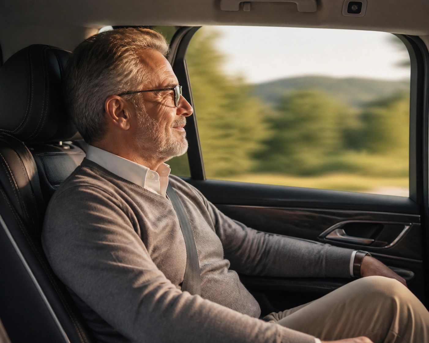 Senior man enjoying a comfortable and reliable medical ride through a rural landscape.