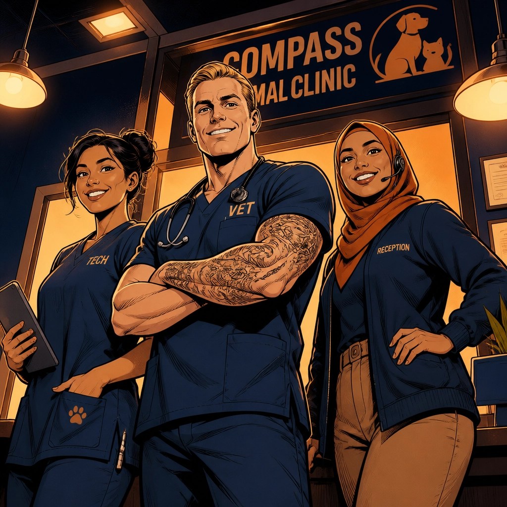 Diverse team of veterinary staff members smiling together, representing inclusive hiring and welcoming clinic culture on a vet practice website.