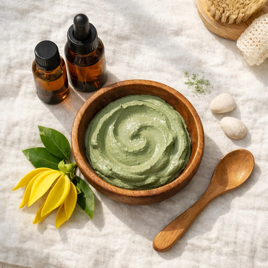 DIY hormone harmony mask with green clay paste and essential oil bottles.