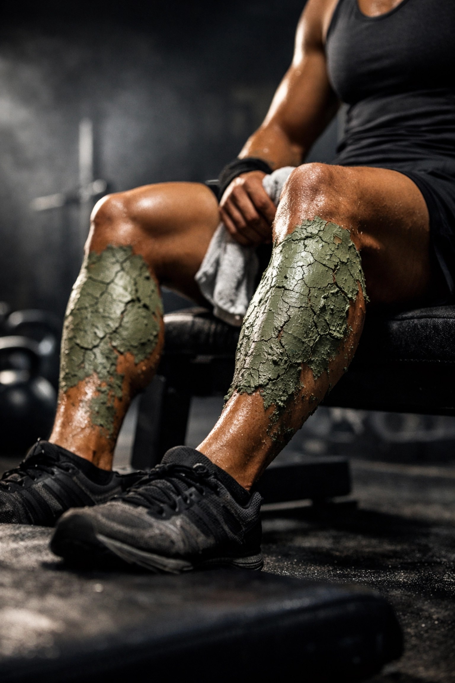 Athlete's legs with patches of drying French green clay for professional muscle recovery after training.