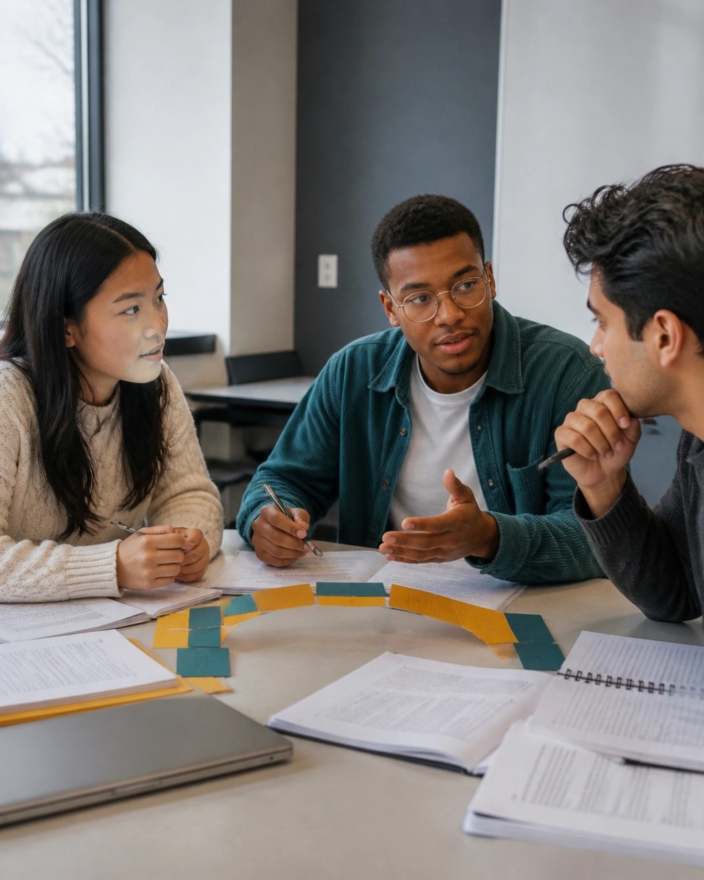 College students collaborate on a complex case study with printed materials in a bright classroom