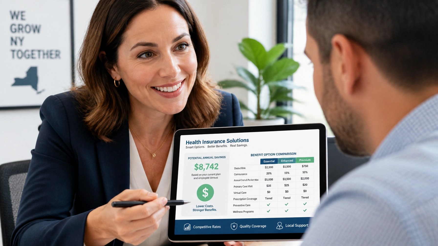 Business consultant explaining health insurance options to a NY business owner