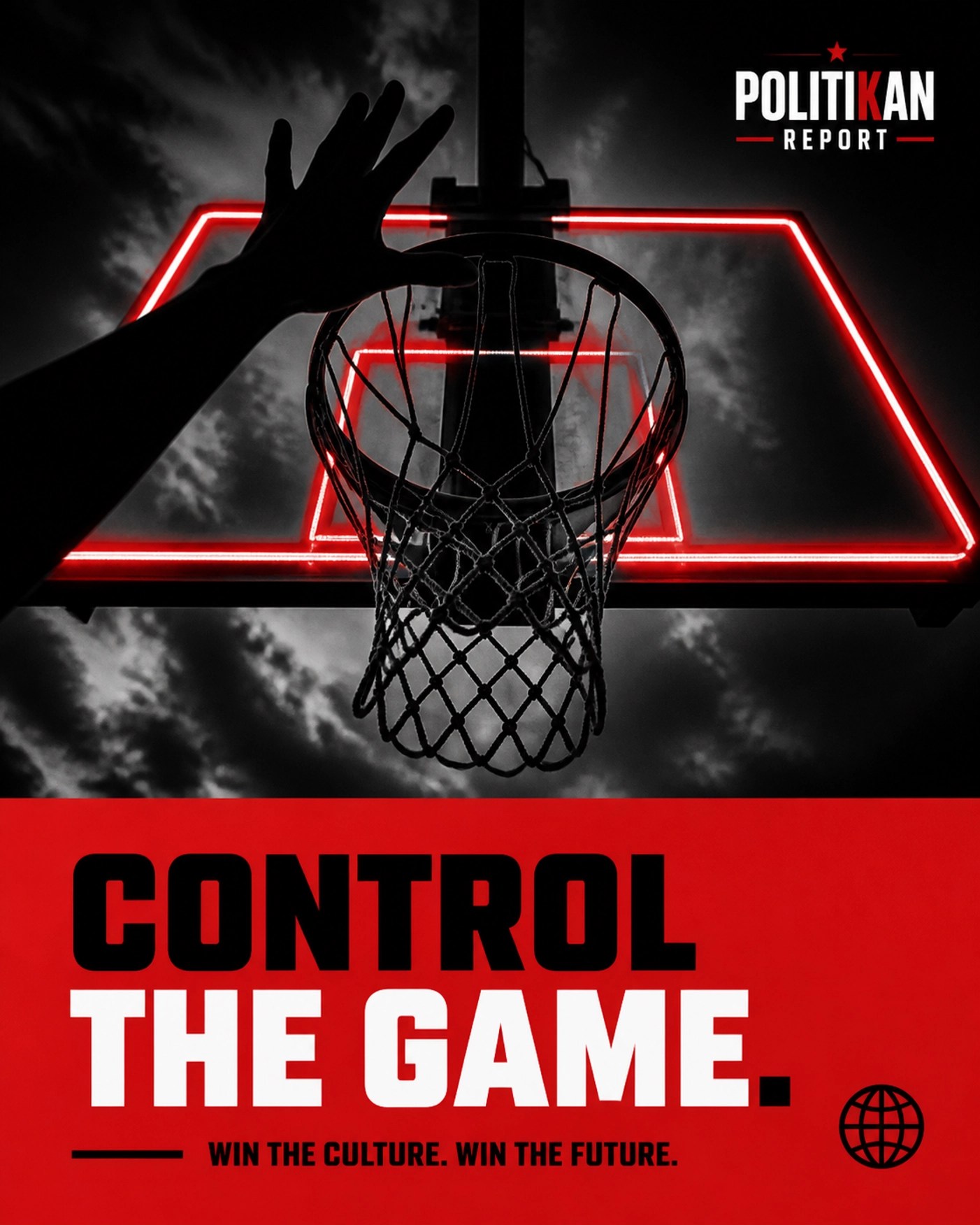 Silhouette of a basketball player's hand near a rim with red neon lights during the NBA playoffs.