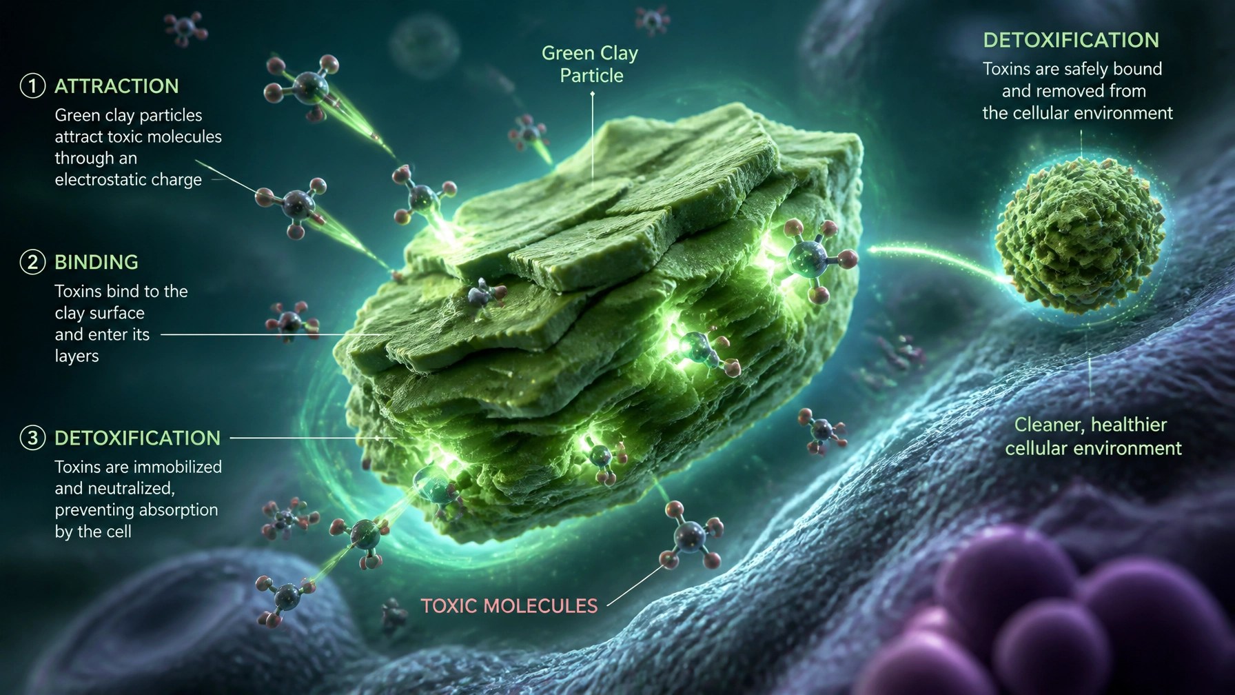 Conceptual scientific visualization of clay particles binding toxins