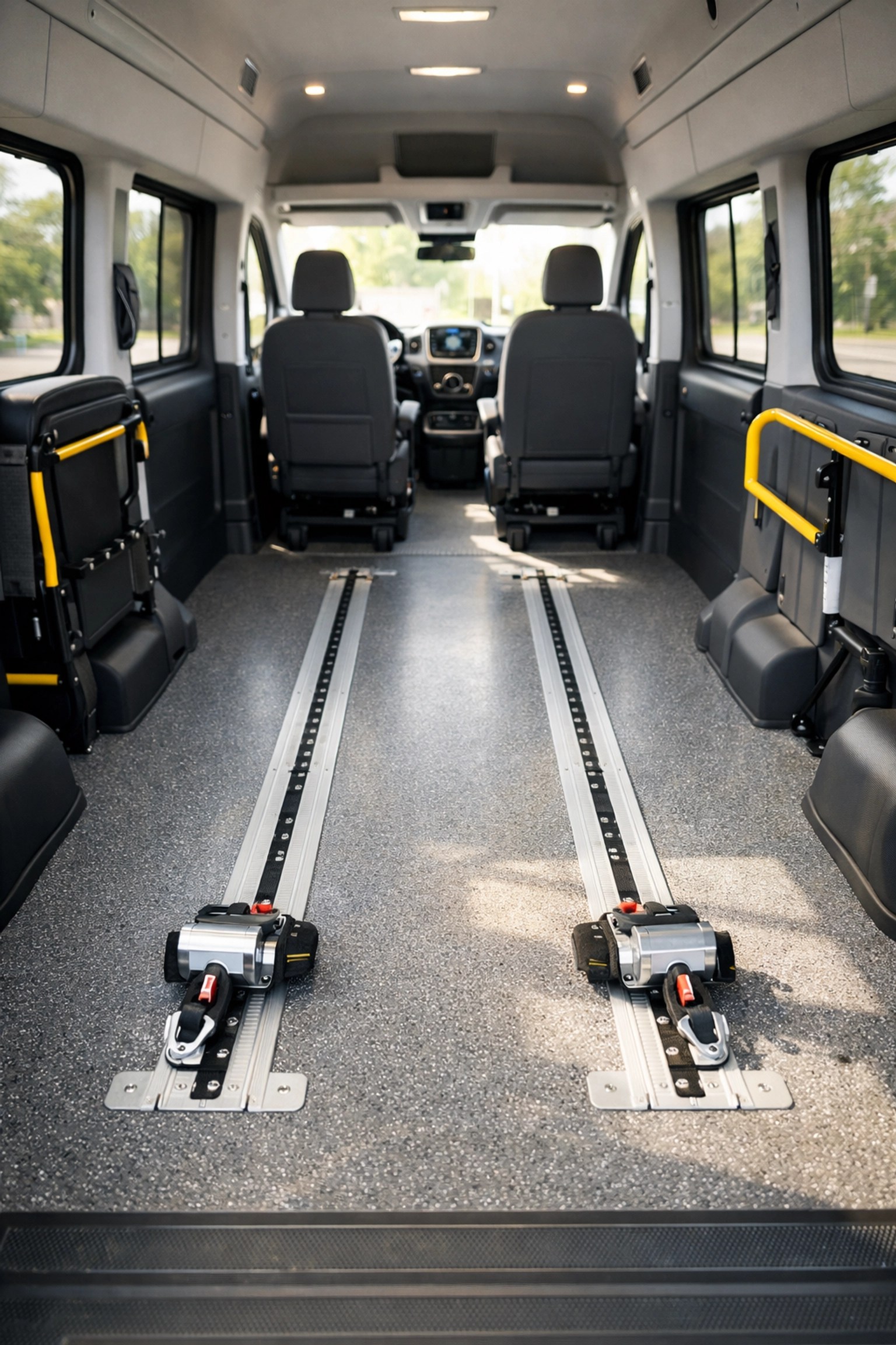 Interior of a modern wheelchair-accessible vehicle featuring safety tracks and comfortable seating.