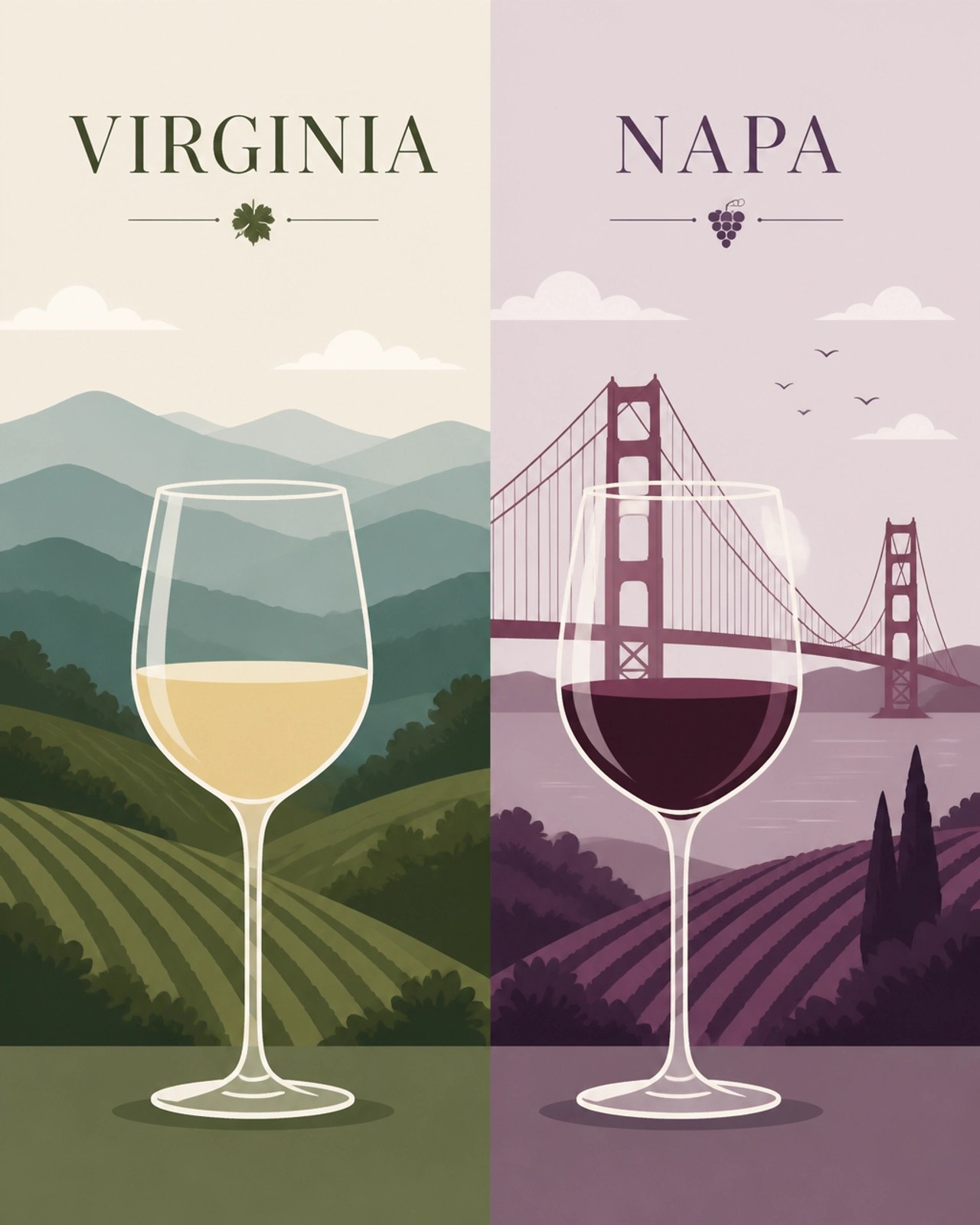 A flat minimalist illustration comparing Virginia wine and Napa Valley vibes