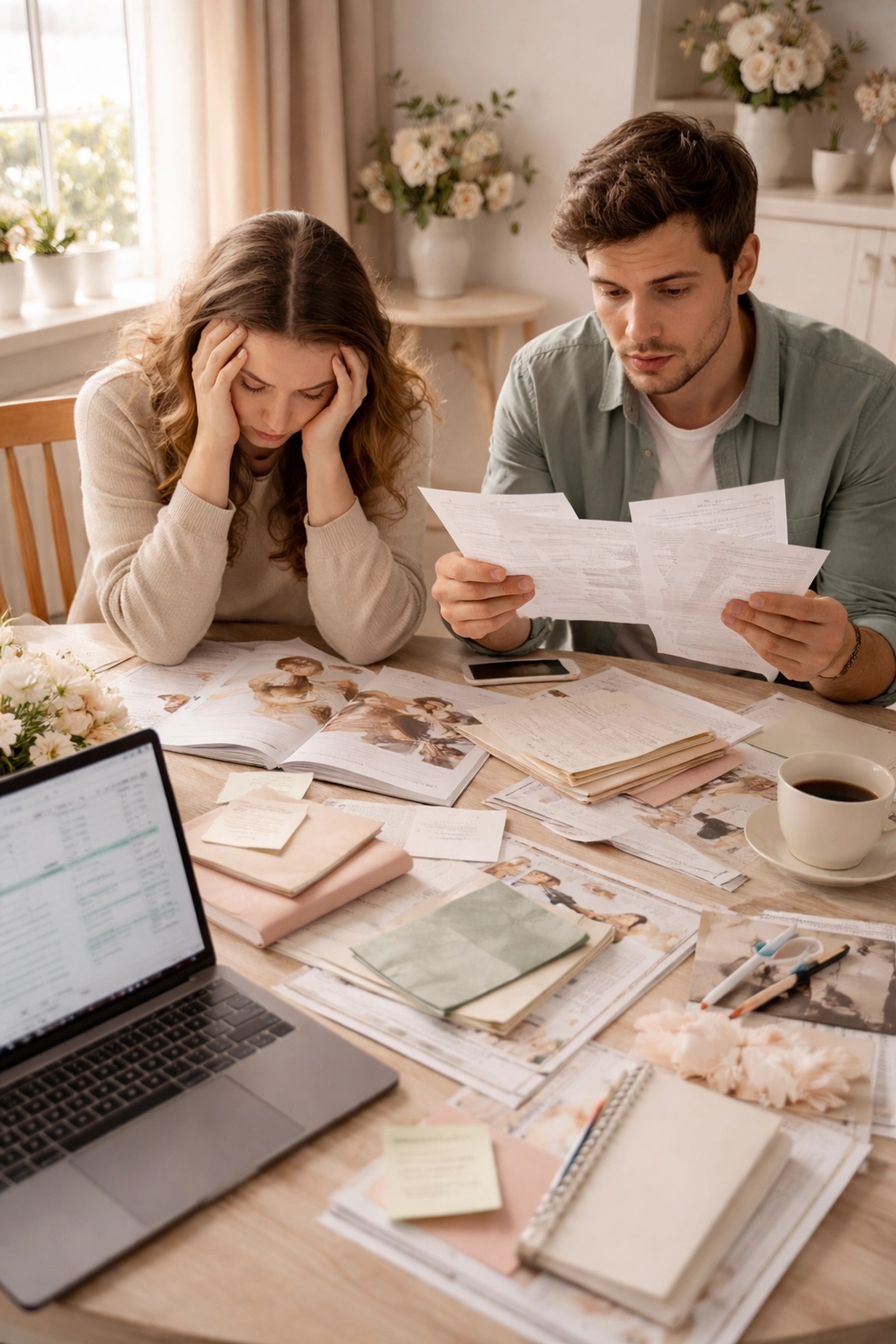 Stressed couple overwhelmed by wedding planning at home, highlighting the need for a wedding planner in the North West.