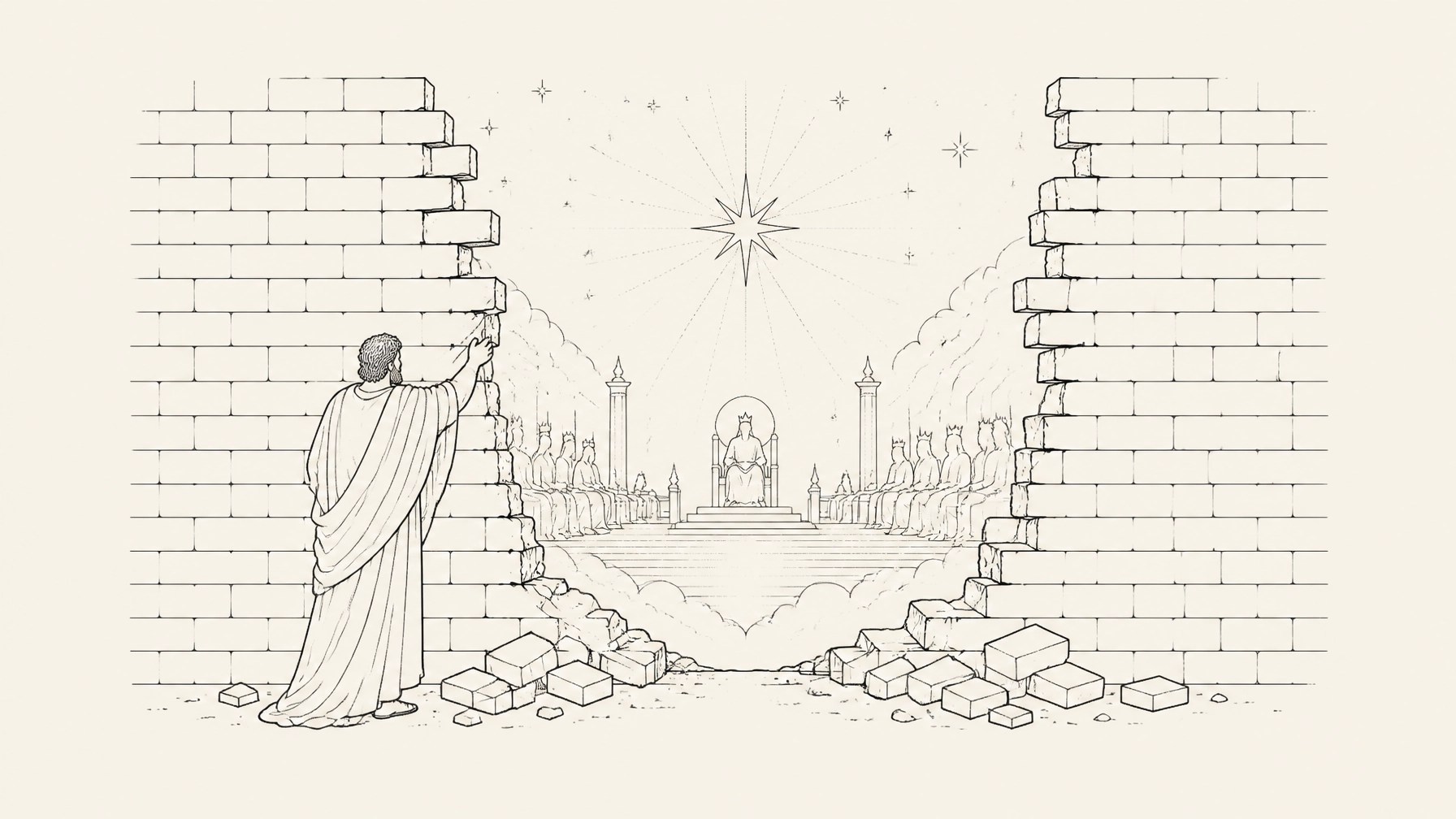 A symbolic depiction of the unveiling, showing a wall of bricks crumbling to reveal a radiant, starry divine court.